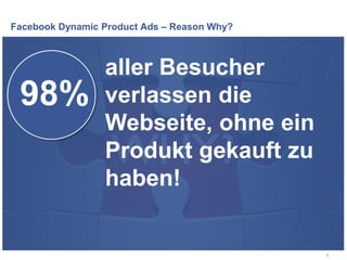 Facebook Dynamic Product Ads – Reason Why?
8
98%
aller Besucher
verlassen die
Webseite, ohne ein
Produkt gekauft zu
haben!
 