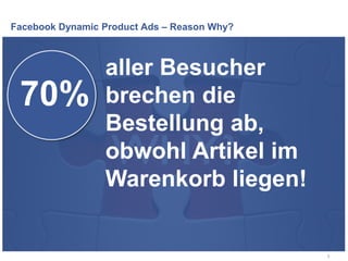 Facebook Dynamic Product Ads – Reason Why?
9
70%
aller Besucher
brechen die
Bestellung ab,
obwohl Artikel im
Warenkorb liegen!
 