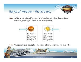 Basics of iteration – the a/b test

!     A/B test – testing differences in ad performance based on a single
      variable, keeping all others alike or dissimilar




                      Eat at Joe’s!                    Eat at Joe’s!
                      CPM campaign                    CPM campaign
                      $2/ads per day                  $2/ads per day
                      Men Age 35-54                   Men Age 35-54


!     Campaign level example – run these ads at women (A) vs. men (B)




                              ©2011 Social Media Examiner • Do NOT distribute   Page 28
 