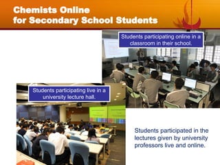 Chemists Online
for Secondary School Students
Students participated in the
lectures given by university
professors live and online.
Students participating live in a
university lecture hall.
Students participating online in a
classroom in their school.
 
