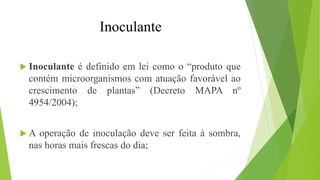 Inoculante
 Inoculante é definido em lei como o “produto que
contém microorganismos com atuação favorável ao
crescimento de plantas” (Decreto MAPA nº
4954/2004);
 A operação de inoculação deve ser feita à sombra,
nas horas mais frescas do dia;
 