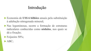  Economia de US$ 6 bilhões anuais pela substituição
à adubação nitrogenada mineral;
 Nas leguminosas, ocorre a formação de estruturas
radiculares conhecidas como nódulos, nos quais se
dá a fixação;
 Feijoeiro 50%;
 ABC;
Introdução
 