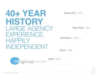 FBN | ©2015 re:group, inc. | 07.14.2015
3
40+ YEAR  
HISTORY
LARGE AGENCY
EXPERIENCE,
HAPPILY
INDEPENDENT
Group 243 • 1974
Ross Roy • 1991
Fitch • 1996
since 2003
Omnicom • 1995
WPP • 2002
 