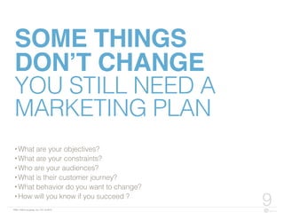 FBN | ©2015 re:group, inc. | 07.14.2015
9
SOME THINGS
DON’T CHANGE
YOU STILL NEED A
MARKETING PLAN
• What are your objectives?
• What are your constraints?
• Who are your audiences?
• What is their customer journey?
• What behavior do you want to change?
• How will you know if you succeed ?
 