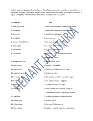 that we see in every day use. Over and above these, however, there are a number of specialist items of
equipment provided for use with specific dishes. Some of specialist items of equipment are listed in
Figure 2.7, together with a brief note of the dishes which they may be used for.
EQUIPMENT USE
1. Asparagus holder 1. used to hold asparagus appears when eating
2. Pastry slice 2. Sweet trolley-serving portions of gateau
3. Oyster fork 3. Shellfish cocktail/oysters
4. Pastry fork 4. Afternoon tea
5. Corn-on-the-cob holders 5. One to pierce each end of the cob
6. Lobster pick 6. To extract the fresh from the claw
7. Butter knife 7. To spread butter on bread
8. Caviar knife 8. Knife with a short broad blade used for
Spreading the caviar
9. Fruit knife and fork 9. Dessert – fruit basket
10. Nutcrackers 10. Dessert - fruit basket
11. Grape scissors 11. To cut and hold a portion of grapes
12. Grapefruit spoon 12. Grapefruit halves
13. Ice-cream spoon 13. For all Ice-cream dishes saved in coups
14. Sundae spoon 14. Ice-cream sweet in a tall glass
15. Snail tongs 15. Used to hold the snail shell
16. Snail dish 16. Dish is round with two ears, having six
Indentations to hold a portion (6) of snails
17. Snail fork 17. Used to extract the snail from its shell
18. Cheese knife 18. Cheese board
19. Stilton scoop 19. Service of Stilton cheese
20. Silver skewers 20. Kebabs – used for attractive presentation
 
