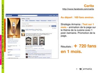 Carita http://www.facebook.com/carita Au départ  :  160 fans environ . Stratégie Armania :  Test sur 1 mois  - animation de la page sur le thème de la cuisine avec 1 post /semaine. Promotion de la page. Résultats :  +  720 fans en 1 mois. 