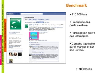 Benchmark  115 000 fans Fréquence des posts aléatoire Participation active des internautes Contenu : actualité sur la marque et sur son univers 