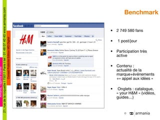 Benchmark 2 749 580 fans 1 post/jour Participation très active Contenu :  actualité de la marque+événements+« appel aux idées » Onglets : catalogue, « your H&M » (vidéos, guides…) 