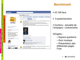 Benchmark  43 100 fans 3 posts/semaine Contenu : actualité de l ’enseigne + évènements Onglets :  Espace questions Quiz musique Présentation des différentes pages Fnac 
