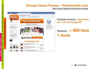 Groupe Ouest France – Parismaville.com http://www.facebook.com/paris.maville Stratégie Armania :  Promotion sur 1 an de la page FB  Résultats :  + 600 fans  1 mois. 