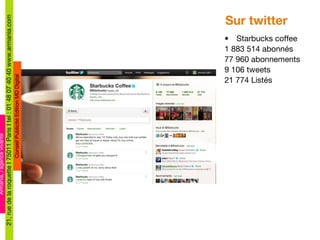 Sur twitter Starbucks coffee 1 883 514 abonnés 77 960 abonnements 9 106 tweets 21 774 Listés 