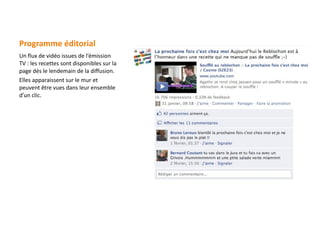 Programme éditorial Un flux de vidéo issues de l ’émission TV : les recettes sont disponibles sur la page dès le lendemain de la diffusion. Elles apparaissent sur le mur et peuvent être vues dans leur ensemble d ’un clic. 