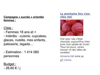 Campagne « sucrée » orientée femmes : Cible :   Femmes 18 ans et + Intér êts : cuisine, cupcakes, glaces, nutella, mes enfants, patisserie, tagada… - Estimation : 1 414 080 personnes Budget :   - 26,60 € / j  