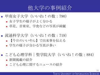 他大学の事例紹介
   甲南女子大学（いいね！の数：790）
       女子学生の様子がよく分かる
       草花、音楽室、学食などの写真が綺麗

   流通科学大学（いいね！の数：719）
       【今日のいいやん】で出来事を伝える
       学生の様子が分かる写真が多い

   こども心理学科｜聖学院大学（いいね！の数：884）
       新聞掲載の紹介
       こども心理に関するニュースの紹介
                                                           11
                     TOKYO UNIVERSITY OF ITOKYO JOHO USCIENCES
                                          NFORMATION NIVERSITY
 