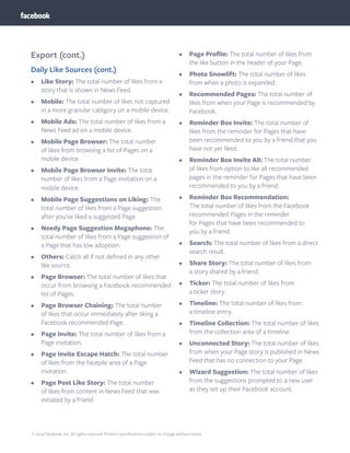 © 2014 Facebook, Inc. All rights reserved. Product specifications subject to change without notice.
Export (cont.)
Daily Like Sources (cont.)
•	 Like Story: The total number of likes from a
story that is shown in News Feed.
•	 Mobile: The total number of likes not captured
in a more granular category on a mobile device.
•	 Mobile Ads: The total number of likes from a
News Feed ad on a mobile device.
•	 Mobile Page Browser: The total number
of likes from browsing a list of Pages on a
mobile device.
•	 Mobile Page Browser Invite: The total
number of likes from a Page invitation on a
mobile device.
•	 Mobile Page Suggestions on Liking: The
total number of likes from a Page suggestion
after you’ve liked a suggested Page.
•	 Needy Page Suggestion Megaphone: The
total number of likes from a Page suggestion of
a Page that has low adoption.
•	 Others: Catch all if not defined in any other
like source.
•	 Page Browser: The total number of likes that
occur from browsing a Facebook recommended
list of Pages.
•	 Page Browser Chaining: The total number
of likes that occur immediately after liking a
Facebook recommended Page.
•	 Page Invite: The total number of likes from a
Page invitation.
•	 Page Invite Escape Hatch: The total number
of likes from the facepile area of a Page
invitation.
•	 Page Post Like Story: The total number
of likes from content in News Feed that was
initiated by a friend.
•	 Page Profile: The total number of likes from
the like button in the header of your Page.
•	 Photo Snowlift: The total number of likes
from when a photo is expanded.
•	 Recommended Pages: The total number of
likes from when your Page is recommended by
Facebook.
•	 Reminder Box Invite: The total number of
likes from the reminder for Pages that have
been recommended to you by a friend that you
have not yet liked.
•	 Reminder Box Invite All: The total number
of likes from option to like all recommended
pages in the reminder for Pages that have been
recommended to you by a friend.
•	 Reminder Box Recommendation:
The total number of likes from the Facebook
recommended Pages in the reminder
for Pages that have been recommended to
you by a friend.
•	 Search: The total number of likes from a direct
search result.
•	 Share Story: The total number of likes from
a story shared by a friend.
•	 Ticker: The total number of likes from
a ticker story.
•	 Timeline: The total number of likes from
a timeline entry.
•	 Timeline Collection: The total number of likes
from the collection area of a timeline.
•	 Unconnected Story: The total number of likes
from when your Page story is published in News
Feed that has no connection to your Page.
•	 Wizard Suggestion: The total number of likes
from the suggestions prompted to a new user
as they set up their Facebook account.
 
