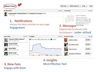 1. Notifications
    Analyze the latest activities on your page
                                                     2. Messages
    Engagement                                       Opportunity to connect with
                                                     the followers – under utilized




                                       4. Insights
3. New Fans                            Most Effective Tool
Engage with them
 