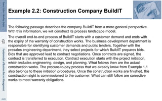 Example 2.2: Construction Company BuildIT
The following passage describes the company BuildIT from a more general perspective.
With this information, we will construct its process landscape model.
The overall end-to-end process of BuildIT starts with a customer demand and ends with
the expiry of the warranty of construction works. The business development department is
responsible for identifying customer demands and public tenders. Together with the
presales engineering department, they select projects for which BuildIT prepares bids.
Bids that are approved lead to contract negotiations. Once contracts are signed, the
contract is transferred to execution. Contract execution starts with the project initiation,
which includes engineering, design, and planning. What follows then are the actual
construction works. The procure-to-pay process that we already know from Example 1.1
also belongs to these initiation procedures. Once the construction works are finished, the
construction sight is commissioned to the customer. What can still follow are corrective
works to meet warranty obligations.
 
