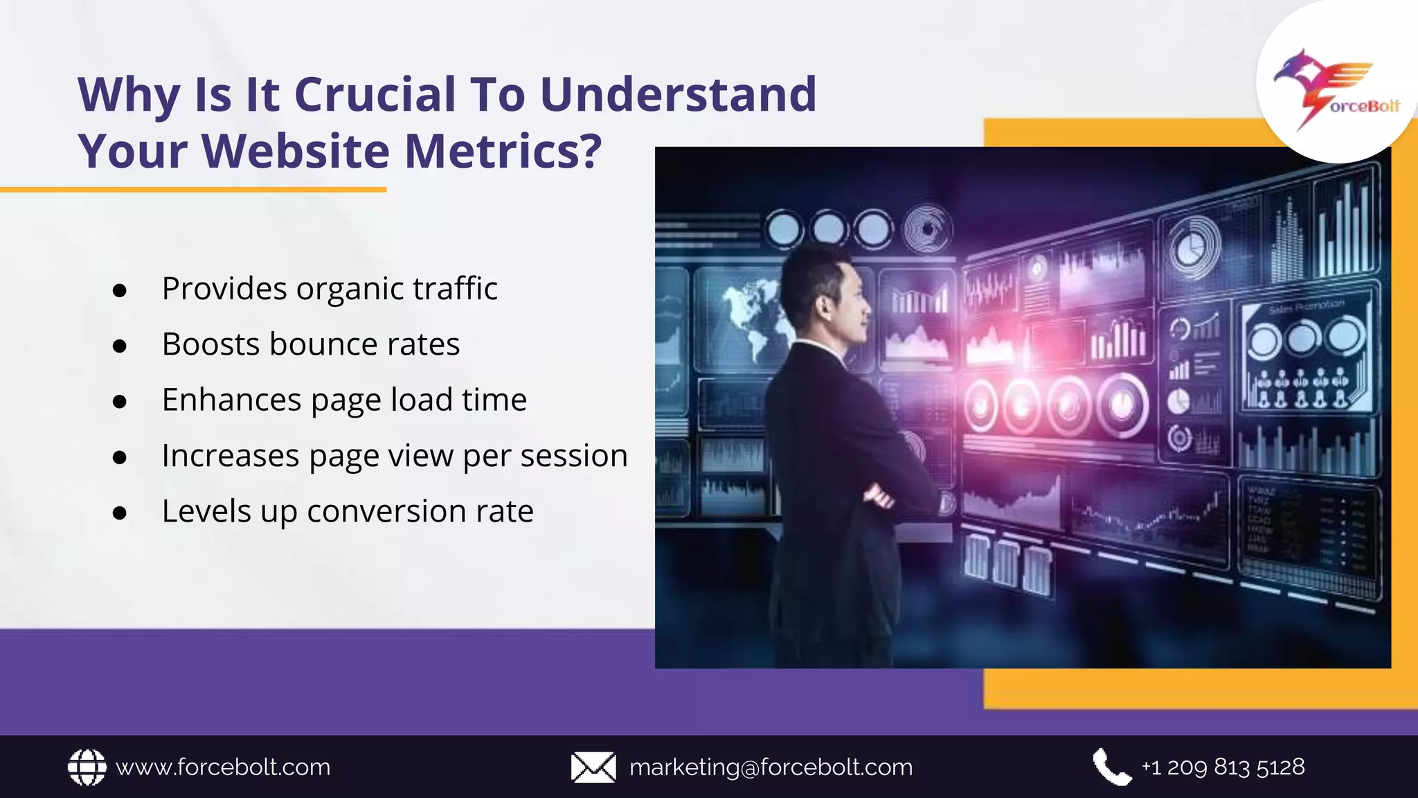 Why Is It Crucial To Understand
Your Website Metrics?
● Provides organic traffic
● Boosts bounce rates
● Enhances page load time
● Increases page view per session
● Levels up conversion rate
www.forcebolt.com marketing@forcebolt.com +1 209 813 5128