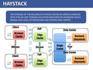 HAYSTACK
THE STORAGE OF THE BILLIONS OF PHOTOS POSTED BY USERS IS HANDLED
WITH THIS AD-HOC STORAGE SOLUTION DEVELOPED BY FACEBOOK WHICH
BRINGS LOW LEVEL OPTIMIZATIONS AND APPEND-ONLY WRITES
 