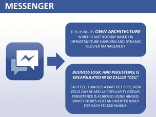 MESSENGER
IT IS USING ITS OWN ARCHITECTURE
WHICH IS NOT NOTABLY BASED ON
INFRASTRUCTURE SHARDING AND DYNAMIC
CLUSTER MANAGEMENT
BUSINESS LOGIC AND PERSISTENCE IS
ENCAPSULATED IN SO CALLED “CELL”
EACH CELL HANDLES A PART OF USERS; NEW
CELLS CAN BE ADD AS POPULARITY GROWS.
PERSISTENCE IS ACHIEVED USING HBASED,
WHICH STORES ALSO AN INVERTED INDEX
FOR EACH SEARCH ENGINE.
 