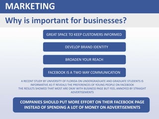 MARKETING
Why is important for businesses?
A RECENT STUDY BY UNIVERSITY OF FLORIDA ON UNDERGRADUATE AND GRADUATE STUDENTS IS
INFORMATIVE AS IT REVEALS THE PREFERENCES OF YOUNG PEOPLE ON FACEBOOK
THE RESULTS SHOWED THAT MOST ARE OKAY WITH BUSINESS PAGE BUT FEEL ANNOYED BY STRAIGHT
ADVERTISEMENTS
COMPANIES SHOULD PUT MORE EFFORT ON THEIR FACEBOOK PAGE
INSTEAD OF SPENDING A LOT OF MONEY ON ADVERTISEMENTS
GREAT SPACE TO KEEP CUSTOMERS INFORMED
DEVELOP BRAND IDENTITY
BROADEN YOUR REACH
FACEBOOK IS A TWO WAY COMMUNICATION
 