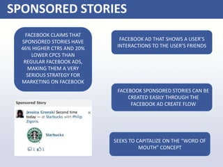 SPONSORED STORIES
FACEBOOK CLAIMS THAT
SPONSORED STORIES HAVE
46% HIGHER CTRS AND 20%
LOWER CPCS THAN
REGULAR FACEBOOK ADS,
MAKING THEM A VERY
SERIOUS STRATEGY FOR
MARKETING ON FACEBOOK
FACEBOOK AD THAT SHOWS A USER’S
INTERACTIONS TO THE USER’S FRIENDS
FACEBOOK SPONSORED STORIES CAN BE
CREATED EASILY THROUGH THE
FACEBOOK AD CREATE FLOW
SEEKS TO CAPITALIZE ON THE “WORD OF
MOUTH” CONCEPT
 