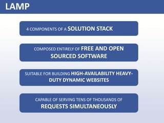 4 COMPONENTS OF A SOLUTION STACK
COMPOSED ENTIRELY OF FREE AND OPEN
SOURCED SOFTWARE
SUITABLE FOR BUILDING HIGH-AVAILABILITY HEAVY-
DUTY DYNAMIC WEBSITES
CAPABLE OF SERVING TENS OF THOUSANDS OF
REQUESTS SIMULTANEOUSLY
LAMP
 
