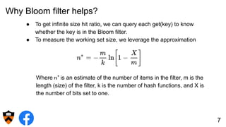 Why Bloom filter helps?
7
● To get infinite size hit ratio, we can query each get(key) to know
whether the key is in the Bloom filter.
● To measure the working set size, we leverage the approximation
Where is an estimate of the number of items in the filter, m is the
length (size) of the filter, k is the number of hash functions, and X is
the number of bits set to one.
 