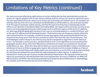 Limitations of Key Metrics (continued)
Our metrics are also affected by applications on certain mobile devices that automatically contact our
servers for regular updates with no user action involved, and this activity can cause our system to count
the user associated with such a device as an active user on the day such contact occurs. For example, we
estimate that less than 5% of our estimated worldwide DAUs as of December 31, 2011 and 2010 resulted
from this type of automatic mobile activity, and that this type of activity had a substantially smaller
effect on our estimate of worldwide MAUs and mobile MAUs. The impact of this automatic activity on our
metrics varies by geography because mobile usage varies in different regions of the world. In addition,
our data regarding the geographic location of our users is estimated based on a number of factors, such
as the user’s IP address and self-disclosed location. These factors may not always accurately reflect the
user’s actual location. For example, a mobile-only user may appear to be accessing Facebook from the
location of the proxy server that the user connects to rather than from the user’s actual location. The
methodologies used to measure user metrics may also be susceptible to algorithm or other technical
errors. For example, in early June 2012, we discovered an error in the algorithm we use to estimate the
geographic location of our users that affected our attribution of certain user locations for the period
ended March 31, 2012. While this issue did not affect our overall worldwide MAU number, it did affect our
attribution of users to different geographic regions. We estimate that the number of MAUs as of March
31, 2012 for the United States and Canada region was overstated as a result of the error by approximately
3% and these overstatements were offset by understatements in other regions. In addition, our
estimates for revenue by user location are also affected by these factors. We regularly review and may
adjust our processes for calculating these metrics to improve their accuracy. In addition, our MAU and
DAU estimates will differ from estimates published by third parties due to differences in methodology.
For example, some third parties do not count mobile users.




                                                                                                            19
 