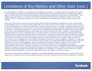 Limitations of Key Metrics and Other Data (cont.)
Our data limitations may affect our understanding of certain details of our business. For example, while user-provided data indicates a
decline in usage among younger users, this age data is unreliable because a disproportionate number of our younger users register
with an inaccurate age. We have worked with third parties to develop models to analyze user data by age in the United States. These
models suggest that usage by U.S. teens overall continues to be stable, but that there has recently been a decline in DAU among
younger U.S. teens. The data and models we are using are not precise and our understanding of usage by age group may not be
complete.
Some of our historical metrics through the second quarter of 2012 have also been affected by applications on certain mobile devices
that automatically contact our servers for regular updates with no user action involved, and this activity can cause our system to count
the user associated with such a device as an active user on the day such contact occurs. For example, we estimate that less than 5% of
our estimated worldwide DAUs as of December 31, 2011 and 2010 resulted from this type of automatic mobile activity, and that this type
of activity had a substantially smaller effect on our estimate of worldwide MAUs and mobile MAUs. The impact of this automatic activity
on our metrics varies by geography because mobile usage varies in different regions of the world. In addition, our data regarding the
geographic location of our users is estimated based on a number of factors, such as the user’s IP address and self-disclosed location.
These factors may not always accurately reflect the user’s actual location. For example, a mobile-only user may appear to be accessing
Facebook from the location of the proxy server that the user connects to rather than from the user’s actual location. The methodologies
used to measure user metrics may also be susceptible to algorithm or other technical errors. For example, in early June 2012, we
discovered an error in the algorithm we used to estimate the geographic location of our users that affected our attribution of certain user
locations for the period ended March 31, 2012. While this issue did not affect our overall worldwide MAU and DAU numbers, it did affect
our attribution of users to different geographic regions. We estimate that the number of MAUs as of March 31, 2012 for the United
States & Canada region was overstated as a result of the error by approximately 3% and this overstatement was offset by
understatements in other regions. In addition, our estimates for revenue by user location are also affected by these factors. We regularly
review and may adjust our processes for calculating these metrics to improve their accuracy. In addition, our MAU and DAU estimates
will differ from estimates published by third parties due to differences in methodology. For example, some third parties are not able to
accurately measure mobile users or do not count mobile users for certain user groups or at all in their analyses.
The numbers of DAUs, MAUs, mobile DAUs, mobile MAUs, and mobile-only MAUs discussed in these slides, as well as ARPU, do not
include users of Instagram unless they would otherwise qualify as such users, respectively, based on their other activities on Facebook.

26

 