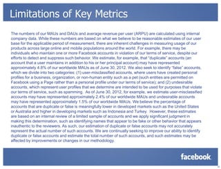 Limitations of Key Metrics
The numbers of our MAUs and DAUs and average revenue per user (ARPU) are calculated using internal
company data. While these numbers are based on what we believe to be reasonable estimates of our user
base for the applicable period of measurement, there are inherent challenges in measuring usage of our
products across large online and mobile populations around the world. For example, there may be
individuals who maintain one or more Facebook accounts in violation of our terms of service, despite our
efforts to detect and suppress such behavior. We estimate, for example, that “duplicate” accounts (an
account that a user maintains in addition to his or her principal account) may have represented
approximately 4.8% of our worldwide MAUs as of June 30, 2012. We also seek to identify “false” accounts,
which we divide into two categories: (1) user-misclassified accounts, where users have created personal
profiles for a business, organization, or non-human entity such as a pet (such entities are permitted on
Facebook using a Page rather than a personal profile under our terms of service); and (2) undesirable
accounts, which represent user profiles that we determine are intended to be used for purposes that violate
our terms of service, such as spamming. As of June 30, 2012, for example, we estimate user-misclassified
accounts may have represented approximately 2.4% of our worldwide MAUs and undesirable accounts
may have represented approximately 1.5% of our worldwide MAUs. We believe the percentage of
accounts that are duplicate or false is meaningfully lower in developed markets such as the United States
or Australia and higher in developing markets such as Indonesia and Turkey. However, these estimates
are based on an internal review of a limited sample of accounts and we apply significant judgment in
making this determination, such as identifying names that appear to be fake or other behavior that appears
inauthentic to the reviewers. As such, our estimation of duplicate or false accounts may not accurately
represent the actual number of such accounts. We are continually seeking to improve our ability to identify
duplicate or false accounts and estimate the total number of such accounts, and such estimates may be
affected by improvements or changes in our methodology.




                                                                                                              22
 