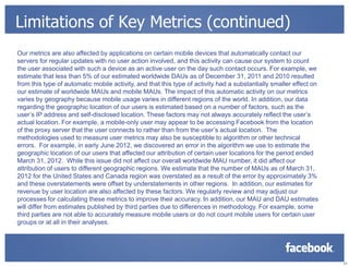 Limitations of Key Metrics (continued)
Our metrics are also affected by applications on certain mobile devices that automatically contact our
servers for regular updates with no user action involved, and this activity can cause our system to count
the user associated with such a device as an active user on the day such contact occurs. For example, we
estimate that less than 5% of our estimated worldwide DAUs as of December 31, 2011 and 2010 resulted
from this type of automatic mobile activity, and that this type of activity had a substantially smaller effect on
our estimate of worldwide MAUs and mobile MAUs. The impact of this automatic activity on our metrics
varies by geography because mobile usage varies in different regions of the world. In addition, our data
regarding the geographic location of our users is estimated based on a number of factors, such as the
user’s IP address and self-disclosed location. These factors may not always accurately reflect the user’s
actual location. For example, a mobile-only user may appear to be accessing Facebook from the location
of the proxy server that the user connects to rather than from the user’s actual location. The
methodologies used to measure user metrics may also be susceptible to algorithm or other technical
errors. For example, in early June 2012, we discovered an error in the algorithm we use to estimate the
geographic location of our users that affected our attribution of certain user locations for the period ended
March 31, 2012. While this issue did not affect our overall worldwide MAU number, it did affect our
attribution of users to different geographic regions. We estimate that the number of MAUs as of March 31,
2012 for the United States and Canada region was overstated as a result of the error by approximately 3%
and these overstatements were offset by understatements in other regions. In addition, our estimates for
revenue by user location are also affected by these factors. We regularly review and may adjust our
processes for calculating these metrics to improve their accuracy. In addition, our MAU and DAU estimates
will differ from estimates published by third parties due to differences in methodology. For example, some
third parties are not able to accurately measure mobile users or do not count mobile users for certain user
groups or at all in their analyses.




                                                                                                                    23
 
