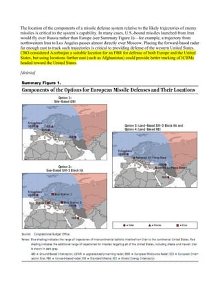 The location of the components of a missile defense system relative to the likely trajectories of enemy
missiles is critical to the system’s capability. In many cases, U.S.-bound missiles launched from Iran
would fly over Russia rather than Europe (see Summary Figure 1)—for example, a trajectory from
northwestern Iran to Los Angeles passes almost directly over Moscow. Placing the forward-based radar
far enough east to track such trajectories is critical to providing defense of the western United States.
CBO considered Azerbaijan a suitable location for an FBR for defense of both Europe and the United
States, but using locations farther east (such as Afghanistan) could provide better tracking of ICBMs
headed toward the United States.

[deletia]
 