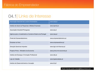 | Links de Interesse 04.1 Paulo Canas| paulo.canas@fityourmind.com Fábrica do Empreendedor Associação Nacional dos Jovens Empresários www.anje.pt Instituto de Apoio às Pequenas e Médias Empresas www.iapmei.pt Associação Industrial Portuguesa www.aip.pt Agência para o Investimento e Comércio Externo de Portugal www.icep.pt Portal de Empreendedorismo www.empreendedorismo.pt Empresa na Hora www.empresanahora.pt Direcção Geral dos Impostos www.dgci.min-financas.pt Projecto Prime – Ministério da Economia www.prime.min-economia.pt Instituto de Emprego e Formação Profissional www.iefp.pt Loja do Cidadão www.lojadocidadao.pt Instituto de Desenvolvimento e Inovação www.idi.pt/ 