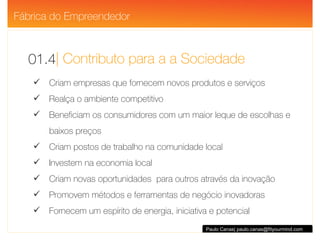 | Contributo para a a Sociedade 01.4 Paulo Canas| paulo.canas@fityourmind.com Criam empresas que fornecem novos produtos e serviços Realça o ambiente competitivo Beneficiam os consumidores com um maior leque de escolhas e baixos preços Criam postos de trabalho na comunidade local Investem na economia local Criam novas oportunidades  para outros através da inovação Promovem métodos e ferramentas de negócio inovadoras Fornecem um espírito de energia, iniciativa e potencial Fábrica do Empreendedor 