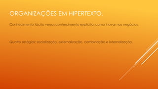 ORGANIZAÇÕES EM HIPERTEXTO.
Conhecimento tácito versus conhecimento explicíto: como inovar nos negócios.

Quatro estágios: socialização, externalização, combinação e internalização.

 