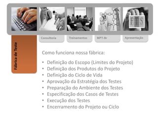 MPT-BrTreinamentosConsultoria
FábricadeTeste
Apresentação
Como funciona nossa fábrica:
• Definição do Escopo (Limites do Projeto)
• Definição dos Produtos do Projeto
• Definição do Ciclo de Vida
• Aprovação da Estratégia dos Testes
• Preparação do Ambiente dos Testes
• Especificação dos Casos de Testes
• Execução dos Testes
• Encerramento do Projeto ou Ciclo
 