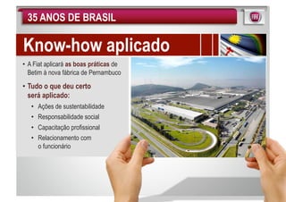 35 ANOS DE BRASIL

Know-how aplicado
• A Fiat aplicará as boas práticas de
  Betim à nova fábrica de Pernambuco
• Tudo o que deu certo
  será aplicado:
   •  Ações de sustentabilidade
   •  Responsabilidade social
   •  Capacitação profissional
   •  Relacionamento com
      o funcionário
 