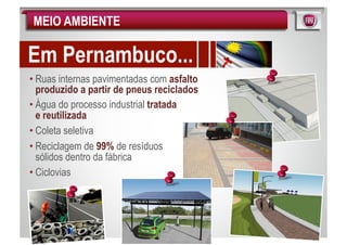 MEIO AMBIENTE

Em Pernambuco...
• Ruas internas pavimentadas com asfalto
  produzido a partir de pneus reciclados
• Água do processo industrial tratada
  e reutilizada
• Coleta seletiva
• Reciclagem de 99% de resíduos
  sólidos dentro da fábrica
• Ciclovias
 