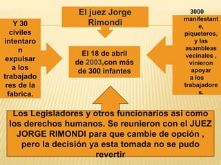 El juez Jorge
Rimondi
El 18 de abril
de 2003,con más
de 300 infantes
Y 30
civiles
intentaro
n
expulsar
a los
trabajado
res de la
fabrica.
3000
manifestant
e,
piqueteros,
y las
asambleas
vecinales ,
vinieron
apoyar
a los
trabajadore
s.
Los Legisladores y otros funcionarios así como
los derechos humanos. Se reunieron con el JUEZ
JORGE RIMONDI para que cambie de opción ,
pero la decisión ya esta tomada no se pudo
revertir
 