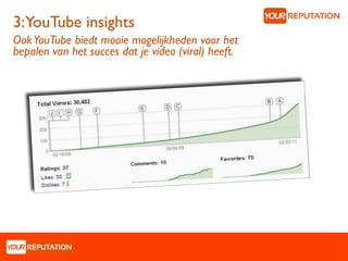 3:YouTube insights
Ook YouTube biedt mooie mogelijkheden voor het
bepalen van het succes dat je video (viral) heeft.
 