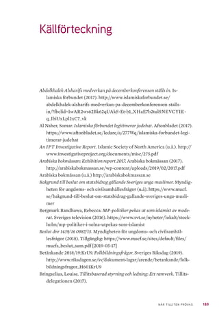 189NÄR TILLITEN PRÖVAS
Källförteckning
Abdelkhalek Alsharifs medverkan på decemberkonferensen ställs in. Is-
lamiska förbundet (2017). http://www.islamiskaforbundet.se/
abdelkhalek-alsharifs-medverkan-pa-decemberkonferensen-stalls-
in/?fbclid=IwAR2ws62Bk62qUAkS-Et-b1_XHaE7b2tulSNEVCYIE-
q_IbiUxLpl2xC7_vk
Al Naher, Somar. Islamiska förbundet legitimerar judehat. Aftonbladet (2017).
https://www.aftonbladet.se/ledare/a/277Wq/islamiska-forbundet-legi-
timerar-judehat
An IPT Investigative Report. Islamic Society of North America (u.å.). http://
www.investigativeproject.org/documents/misc/275.pdf
Arabiska bokmässan: Exhibition report 2017. Arabiska bokmässan (2017).
http://arabiskabokmassan.se/wp-content/uploads/2019/02/2017.pdf
Arabiska bokmässan (u.å.) http://arabiskabokmassan.se
Bakgrund till beslut om statsbidrag gällande Sveriges unga muslimer. Myndig-
heten för ungdoms- och civilsamhällesfrågor (u.å). https://www.mucf.
se/bakgrund-till-beslut-om-statsbidrag-gallande-sveriges-unga-musli-
mer
Bergmark Randhawa, Rebecca. MP-politiker pekas ut som islamist av mode-
rat. Sveriges television (2016). https://www.svt.se/nyheter/lokalt/stock-
holm/mp-politiker-i-solna-utpekas-som-islamist
Beslut dnr 1439/16 0987/15. Myndigheten för ungdoms- och civilsamhäl-
lesfrågor (2018). Tillgänglig: https://www.mucf.se/sites/default/files/
mucfs_beslut_sum.pdf [2019-05-17]
Betänkande 2018/19:KrU9. Folkbildningsfrågor. Sveriges Riksdag (2019).
http://www.riksdagen.se/sv/dokument-lagar/arende/betankande/folk-
bildningsfragor_H601KrU9
Bringselius, Louise. Tillitsbaserad styrning och ledning: Ett ramverk. Tillits-
delegationen (2017).
 