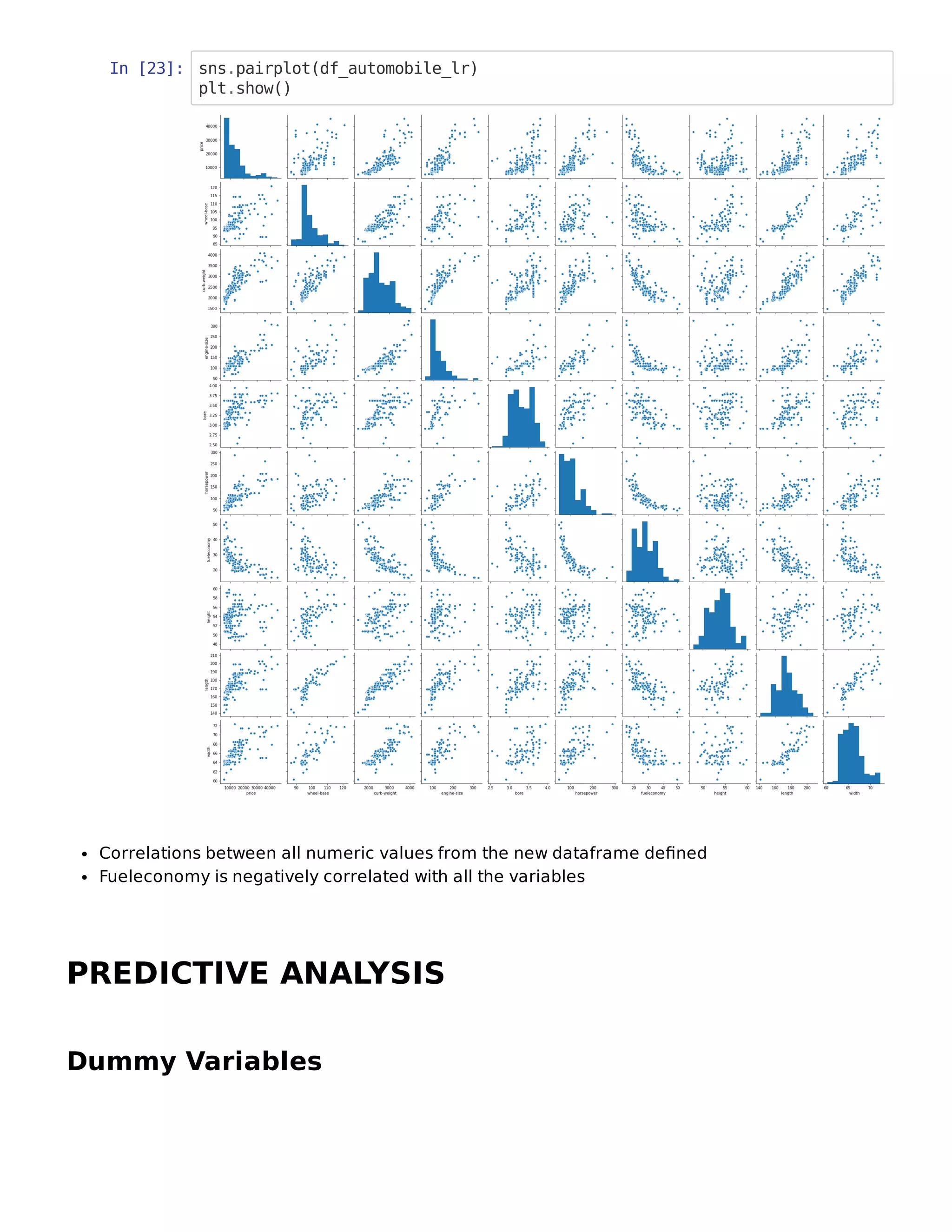 In [23]: sns.pairplot(df_automobile_lr)
plt.show()
Correlations between all numeric values from the new dataframe deﬁned
Fueleconomy is negatively correlated with all the variables
PREDICTIVE ANALYSIS
Dummy Variables
 