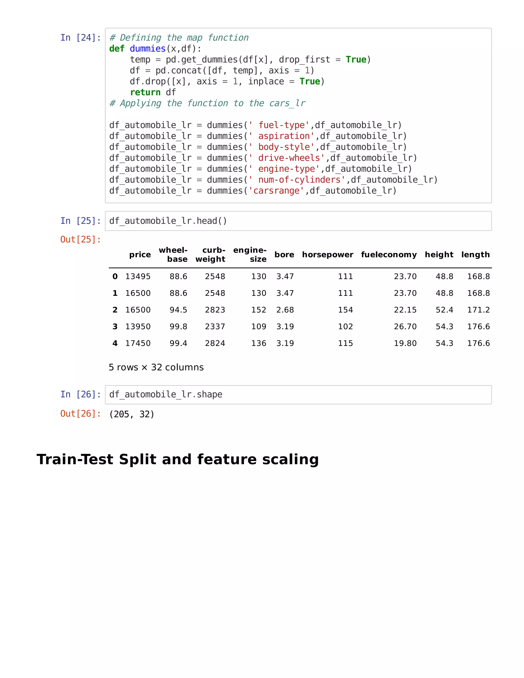 In [24]: # Defining the map function
def dummies(x,df):
temp = pd.get_dummies(df[x], drop_first = True)
df = pd.concat([df, temp], axis = 1)
df.drop([x], axis = 1, inplace = True)
return df
# Applying the function to the cars_lr
df_automobile_lr = dummies(' fuel-type',df_automobile_lr)
df_automobile_lr = dummies(' aspiration',df_automobile_lr)
df_automobile_lr = dummies(' body-style',df_automobile_lr)
df_automobile_lr = dummies(' drive-wheels',df_automobile_lr)
df_automobile_lr = dummies(' engine-type',df_automobile_lr)
df_automobile_lr = dummies(' num-of-cylinders',df_automobile_lr)
df_automobile_lr = dummies('carsrange',df_automobile_lr)
In [25]: df_automobile_lr.head()
In [26]: df_automobile_lr.shape
Train-Test Split and feature scaling
Out[25]:
price
wheel-
base
curb-
weight
engine-
size
bore horsepower fueleconomy height length
0 13495 88.6 2548 130 3.47 111 23.70 48.8 168.8
1 16500 88.6 2548 130 3.47 111 23.70 48.8 168.8
2 16500 94.5 2823 152 2.68 154 22.15 52.4 171.2
3 13950 99.8 2337 109 3.19 102 26.70 54.3 176.6
4 17450 99.4 2824 136 3.19 115 19.80 54.3 176.6
5 rows × 32 columns
Out[26]: (205, 32)
 