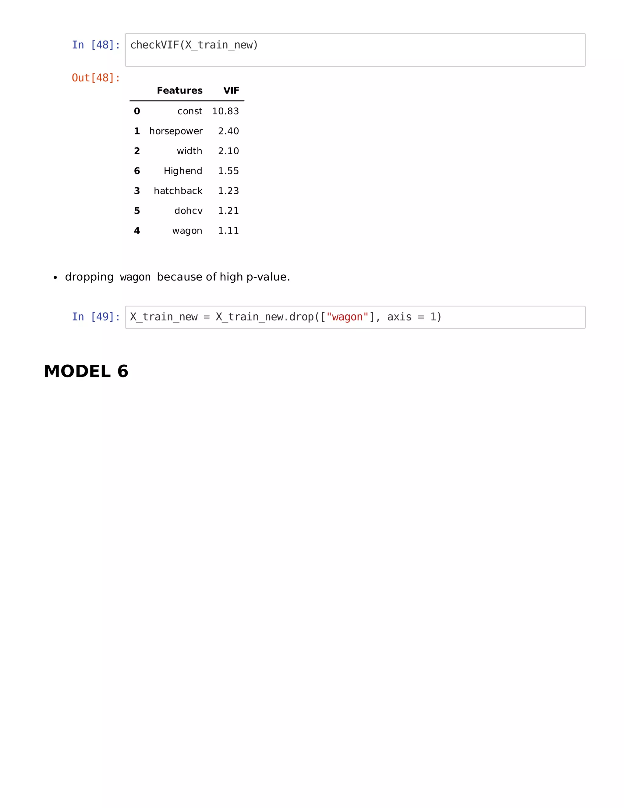 In [48]: checkVIF(X_train_new)
dropping wagon because of high p-value.
In [49]: X_train_new = X_train_new.drop(["wagon"], axis = 1)
MODEL 6
Out[48]:
Features VIF
0 const 10.83
1 horsepower 2.40
2 width 2.10
6 Highend 1.55
3 hatchback 1.23
5 dohcv 1.21
4 wagon 1.11
 