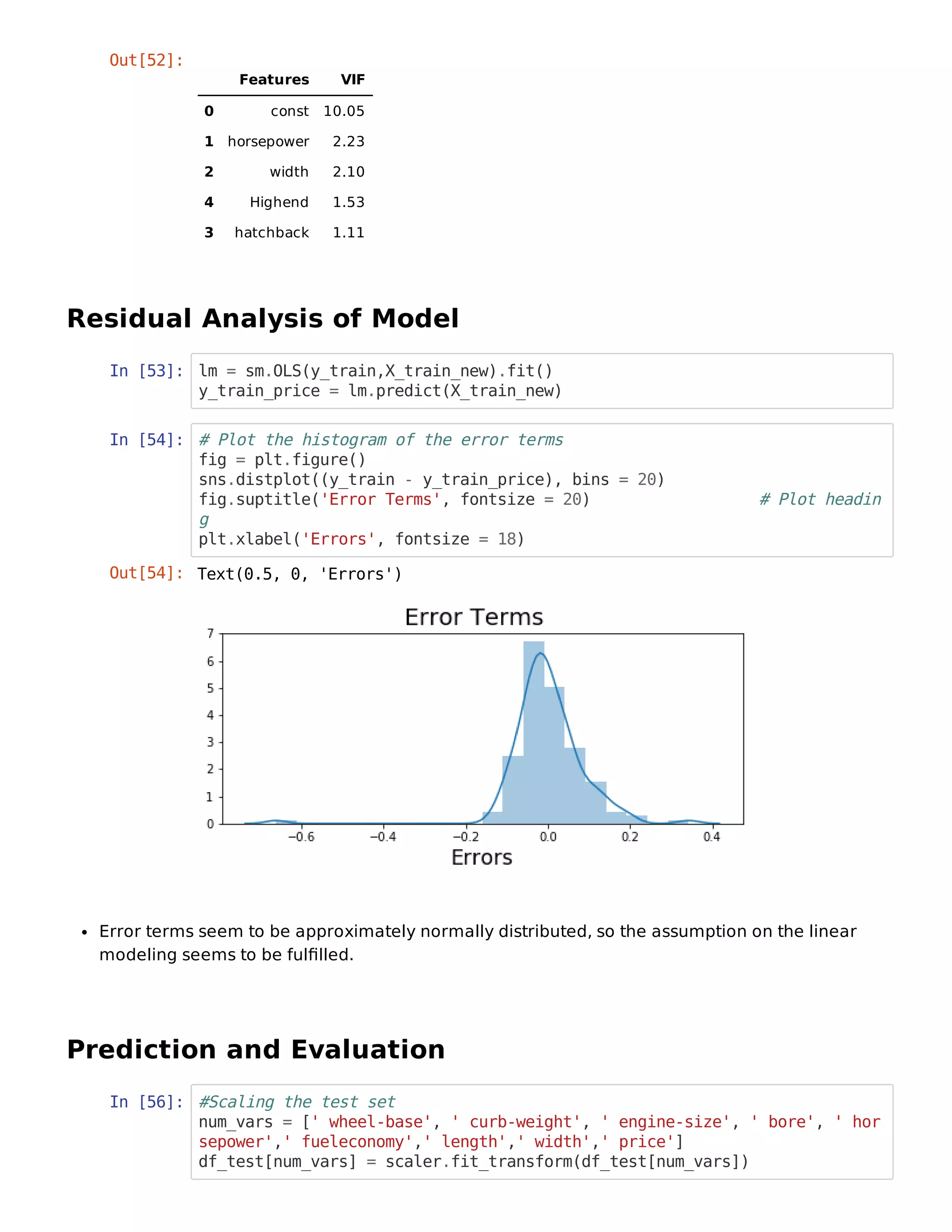 Residual Analysis of Model
In [53]: lm = sm.OLS(y_train,X_train_new).fit()
y_train_price = lm.predict(X_train_new)
In [54]: # Plot the histogram of the error terms
fig = plt.figure()
sns.distplot((y_train - y_train_price), bins = 20)
fig.suptitle('Error Terms', fontsize = 20) # Plot headin
g
plt.xlabel('Errors', fontsize = 18)
Error terms seem to be approximately normally distributed, so the assumption on the linear
modeling seems to be fulﬁlled.
Prediction and Evaluation
In [56]: #Scaling the test set
num_vars = [' wheel-base', ' curb-weight', ' engine-size', ' bore', ' hor
sepower',' fueleconomy',' length',' width',' price']
df_test[num_vars] = scaler.fit_transform(df_test[num_vars])
Out[52]:
Features VIF
0 const 10.05
1 horsepower 2.23
2 width 2.10
4 Highend 1.53
3 hatchback 1.11
Out[54]: Text(0.5, 0, 'Errors')
 