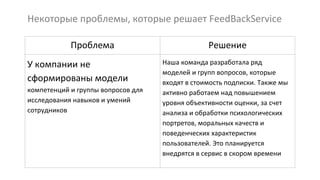 Некоторые проблемы, которые решает FeedBackService
Проблема Решение
У компании не
сформированы модели
компетенций и группы вопросов для
исследования навыков и умений
сотрудников
Наша команда разработала ряд
моделей и групп вопросов, которые
входят в стоимость подписки. Также мы
активно работаем над повышением
уровня объективности оценки, за счет
анализа и обработки психологических
портретов, моральных качеств и
поведенческих характеристик
пользователей. Это планируется
внедрятся в сервис в скором времени
 