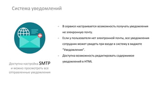 Система уведомлений
Доступна настройка SMTP
и можно просмотреть все
отправленные уведомления
- В сервисе настраивается возможность получать уведомления
не элекронную почту.
- Если у пользователя нет электронной почты, все уведомления
сотрудник может увидеть при входе в систему в виджете
“Уведомления”.
- Доступна возможность редактировать содержимое
уведомлений в HTML
 