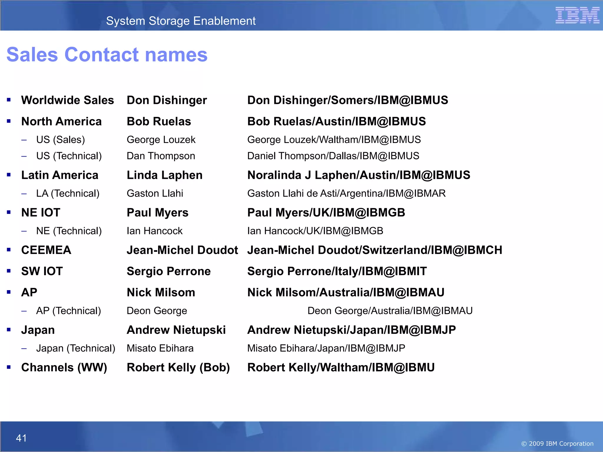 Sales Contact names  Worldwide Sales Don Dishinger Don Dishinger/Somers/IBM@IBMUS North America Bob Ruelas Bob Ruelas/Austin/IBM@IBMUS US (Sales) George Louzek George Louzek/Waltham/IBM@IBMUS US (Technical) Dan Thompson Daniel Thompson/Dallas/IBM@IBMUS Latin America Linda Laphen Noralinda J Laphen/Austin/IBM@IBMUS LA (Technical) Gaston Llahi Gaston Llahi de Asti/Argentina/IBM@IBMAR NE IOT Paul Myers Paul Myers/UK/IBM@IBMGB NE (Technical) Ian Hancock Ian Hancock/UK/IBM@IBMGB CEEMEA Jean-Michel Doudot Jean-Michel Doudot/Switzerland/IBM@IBMCH SW IOT Sergio Perrone Sergio Perrone/Italy/IBM@IBMIT AP Nick Milsom Nick Milsom/Australia/IBM@IBMAU AP (Technical) Deon George Deon George/Australia/IBM@IBMAU Japan  Andrew Nietupski Andrew Nietupski/Japan/IBM@IBMJP Japan (Technical) Misato Ebihara Misato Ebihara/Japan/IBM@IBMJP Channels (WW) Robert Kelly (Bob) Robert Kelly/Waltham/IBM@IBMU 