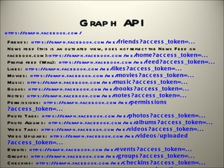 G rap h  API
h ttp s ://g rap h .fac e b o o k.c o m /
 Frie n d s :  h ttp s ://g rap h .fac e b o o k.c o m /m e /frie nd s ? a c c e s s _to ke n=. . .
 N e ws  fe e d  (th is  is  an  o u td ate d  vie w, d o e s  n o t re fle c t th e  N e ws  Fe e d  o n  
 fac e b o o k.c o m ):h ttp s ://g rap h .fac e b o o k.c o m /m e /ho me ? a c c e s s _to ke n=. . .
 Pro file  fe e d  (Wall):  h ttp s ://g rap h .fac e b o o k.c o m /m e /fe e d ? a c c e s s _to ke n=. . .
 Like s :  h ttp s ://g rap h .fac e b o o k.c o m /m e /like s ? a c c e s s _to ke n=. . .
 Mo vie s :  h ttp s ://g rap h .fac e b o o k.c o m /m e /mo vie s ? a c c e s s _to ke n=. . .
 Mu s ic :  h ttp s ://g rap h .fac e b o o k.c o m /m e /mus ic ? a c c e s s _to ke n=. . .
 B o o ks :  h ttp s ://g rap h .fac e b o o k.c o m /m e /b o o ks ? a c c e s s _to ke n=. . .
 N o te s :  h ttp s ://g rap h .fac e b o o k.c o m /m e /no te s ? a c c e s s _to ke n=. . .
 Pe rm is s io n s :  h ttp s ://g rap h .fac e b o o k.c o m /m e /p e rmis s io ns
 ? a c c e s s _to ke n=. . .
 Ph o to  Tag s :  h ttp s ://g rap h .fac e b o o k.c o m /m e /p ho to s ? a c c e s s _to ke n=. . .
 Ph o to  Alb u m s :  h ttp s ://g rap h .fac e b o o k.c o m /m e /a lb ums ? a c c e s s _to ke n=. . .
 Vid e o  Tag s :  h ttp s ://g rap h .fac e b o o k.c o m /m e /vid e o s ? a c c e s s _to ke n=. . .
 Vid e o  U p lo ad s :  h ttp s ://g rap h .fac e b o o k.c o m /m e /vid e o s /up lo a d e d
 ? a c c e s s _to ke n=. . .
 E ve n ts :  h ttp s ://g rap h .fac e b o o k.c o m /m e /e ve nts ? a c c e s s _to ke n=. . .
 G ro u p s :  h ttp s ://g rap h .fac e b o o k.c o m /m e /g ro up s ? a c c e s s _to ke n=. . .
 C h e c kin s :  h ttp s ://g rap h .fac e b o o k.c o m /m e /c he c kins ? a c c e s s _to ke n=. . .
 